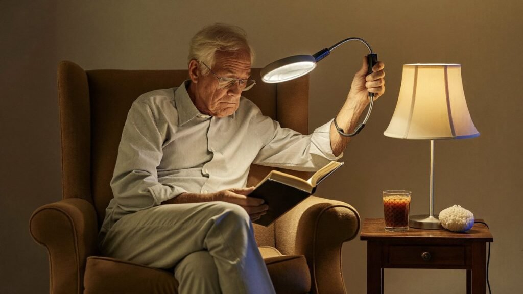 Homme âgé lisant un livre avec une lampe-loupe LED