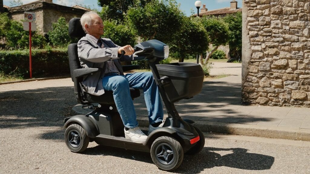 Homme âgé souriant conduisant un scooter électrique 4 roues en ville