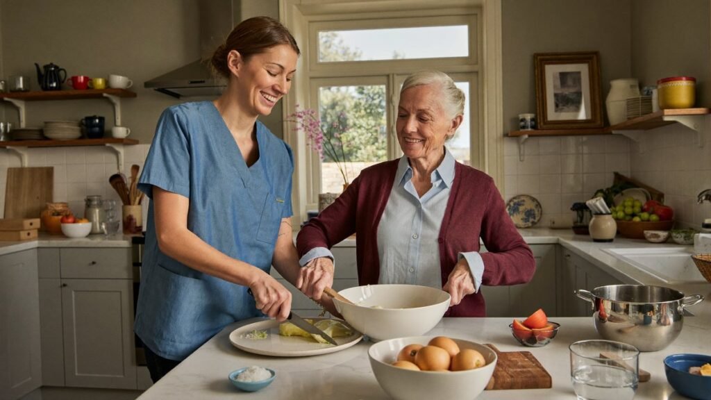 Aide à domicile préparant un repas avec une femme âgée dans sa cuisine