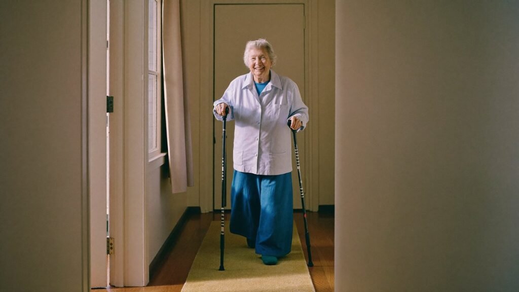 Femme âgée marchant avec une canne tripode dans son couloir
