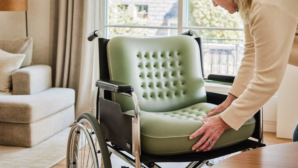 Coussin anti-escarres installé sur un fauteuil roulant à domicile