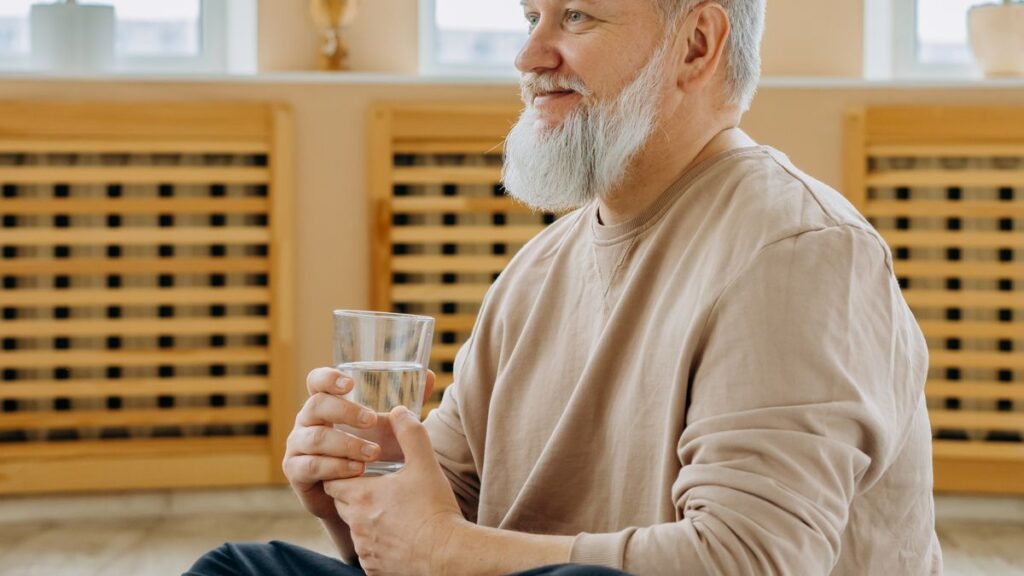 Homme âgé buvant un verre d'eau